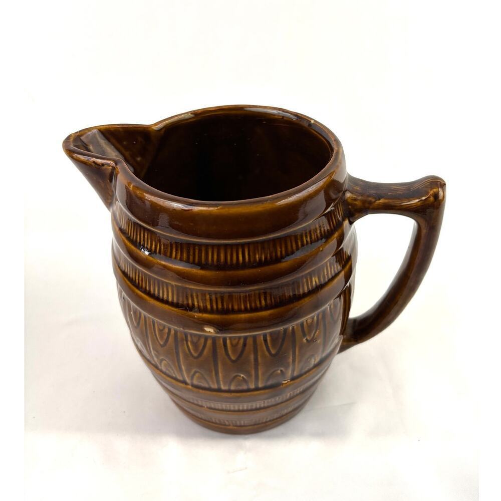 Vintage‎ Brown Glaze Barrel Pitcher Pottery 7" - Picture 5 of 12